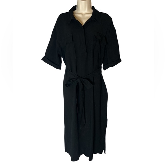 Chic Black Dress with front buttons and sash belt size L - Picture 1 of 7